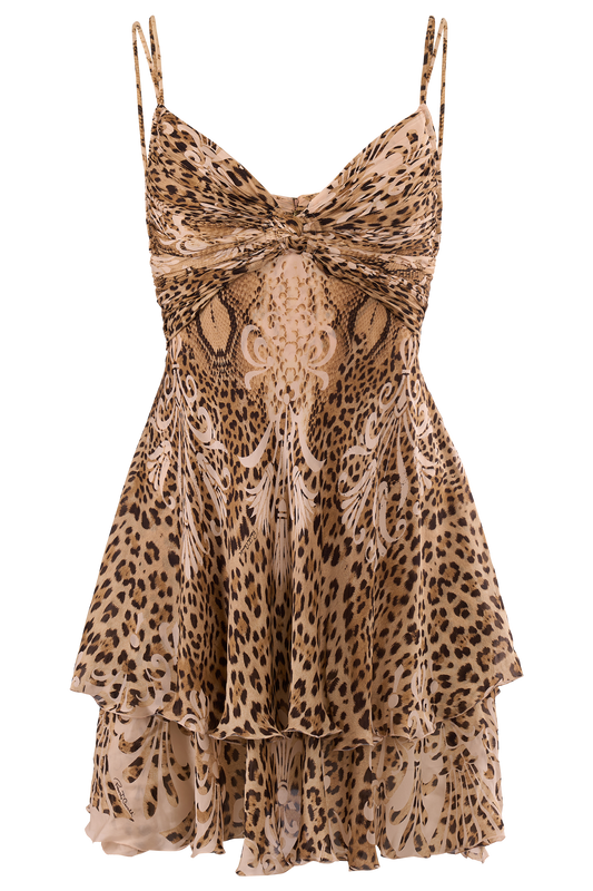Vintage Roberto Cavalli 2006 Tiered Leopard Print Mini Dress