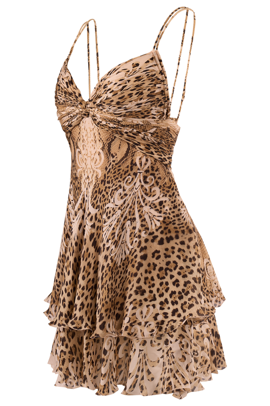 Vintage Roberto Cavalli 2006 Tiered Leopard Print Mini Dress
