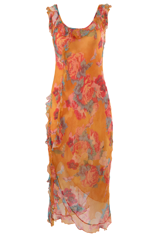 Vintage Orange Floral Print Silk Ruffles Dress