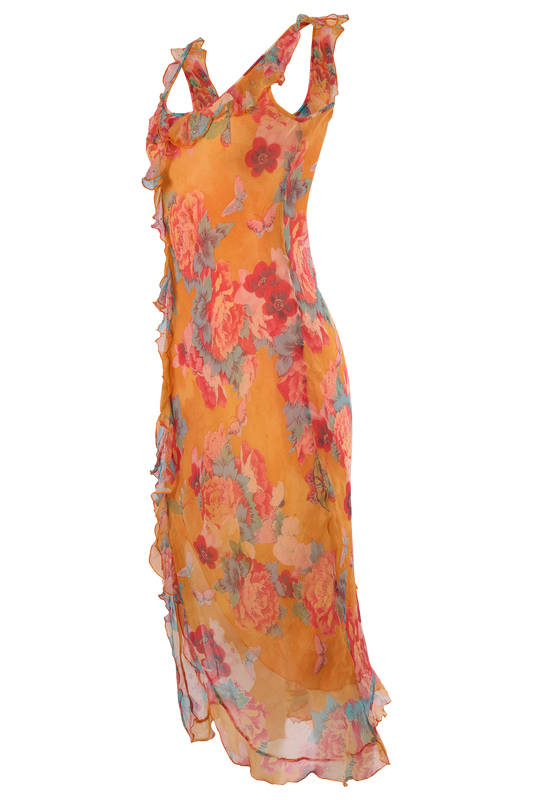 Vintage Orange Floral Print Silk Ruffles Dress