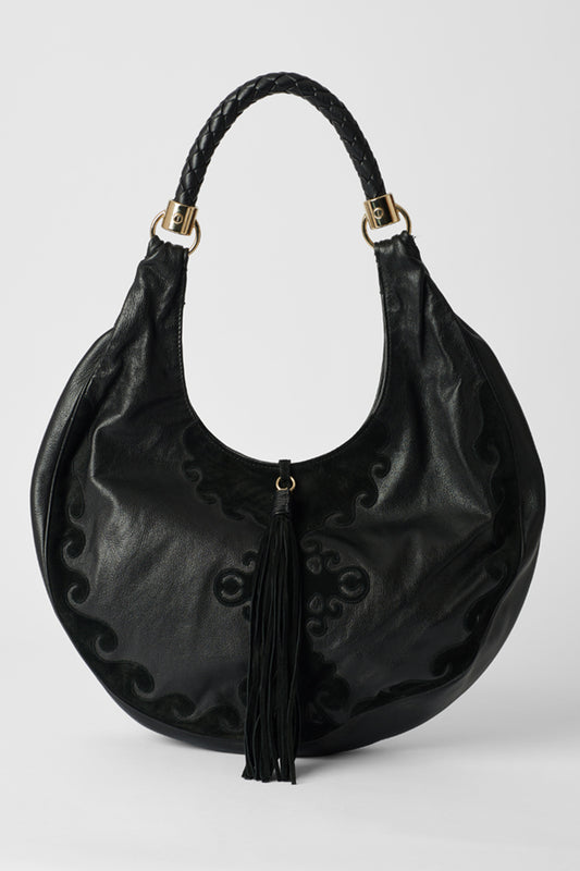 Black Leather Hobo Bag with Tassel