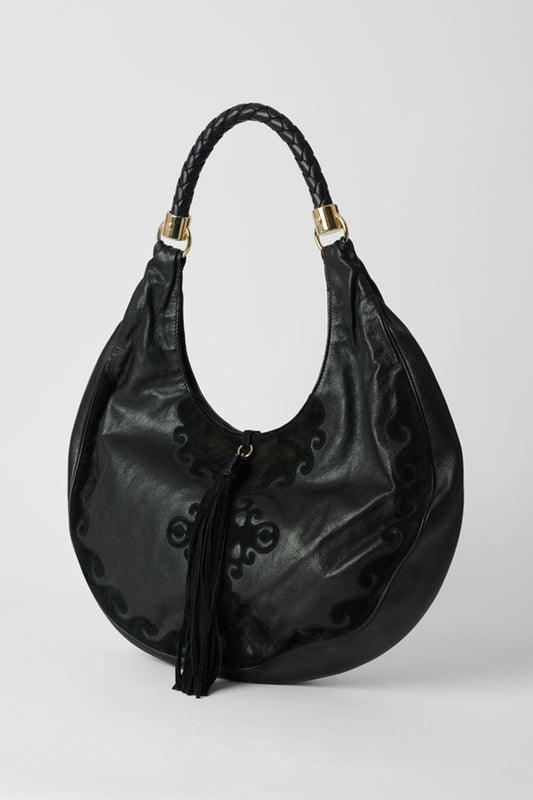 Black Leather Hobo Bag with Tassel