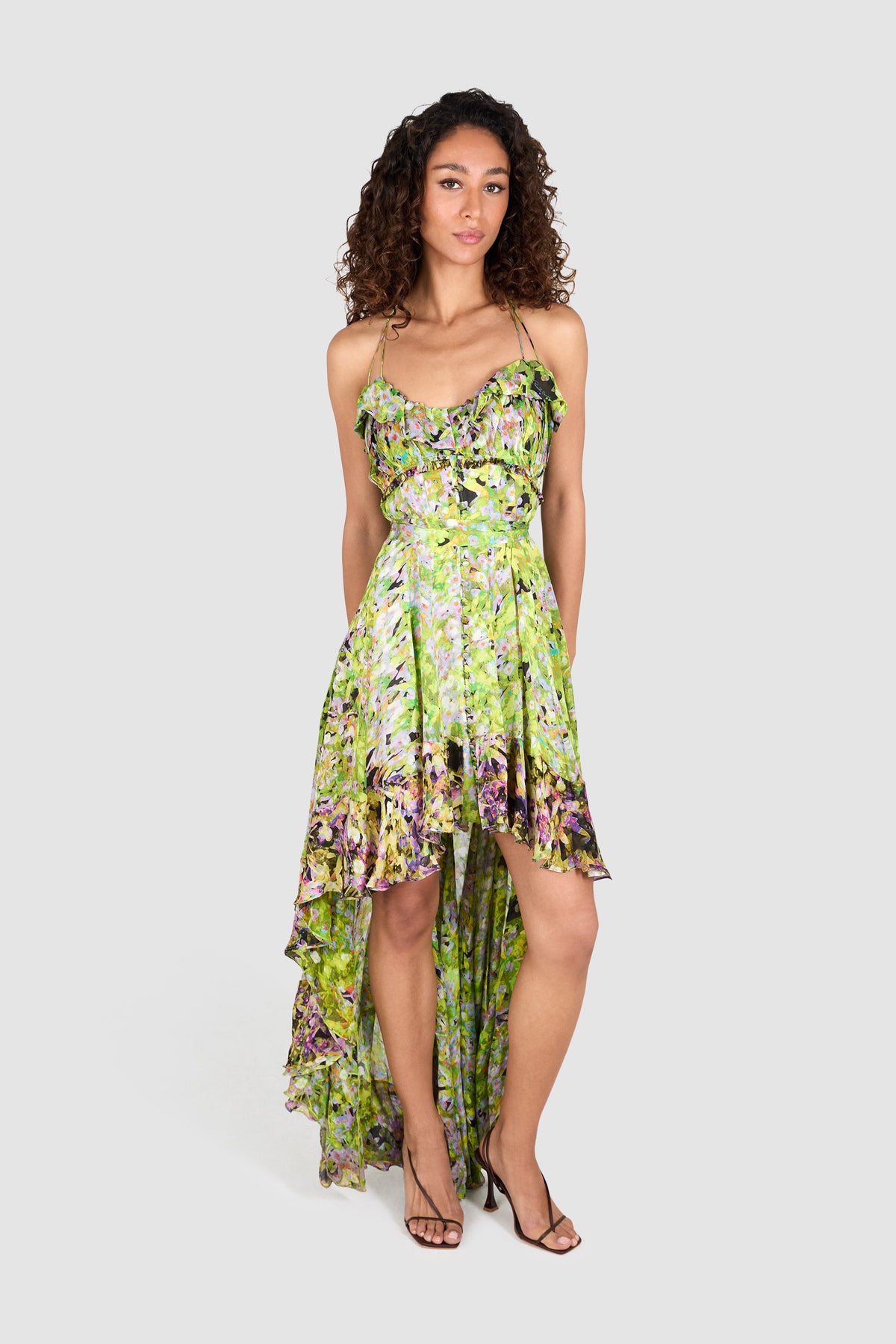 Roberto Cavalli 2009 Green Ruffled Floral Asymmetric Dress
