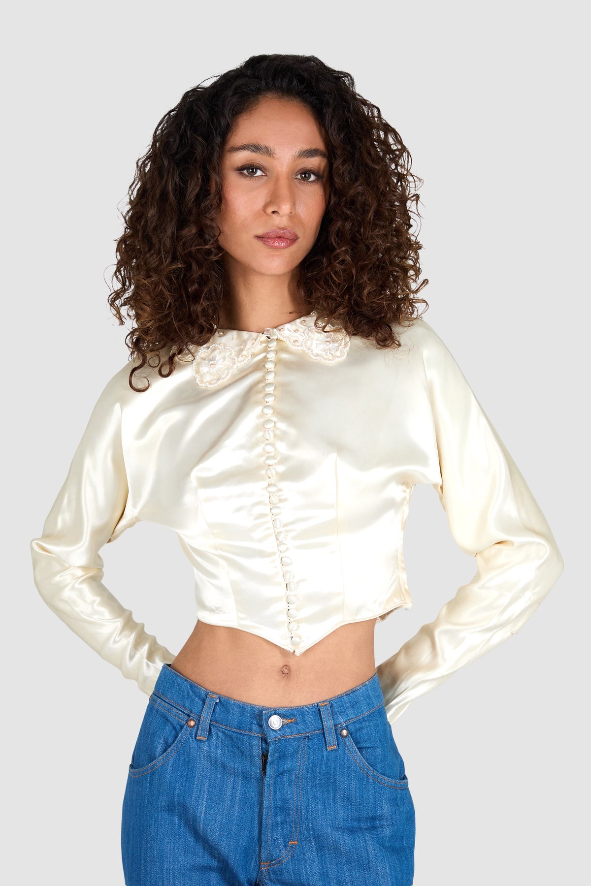 Vintage 1940's Ivory Satin Beaded Crop Blouse