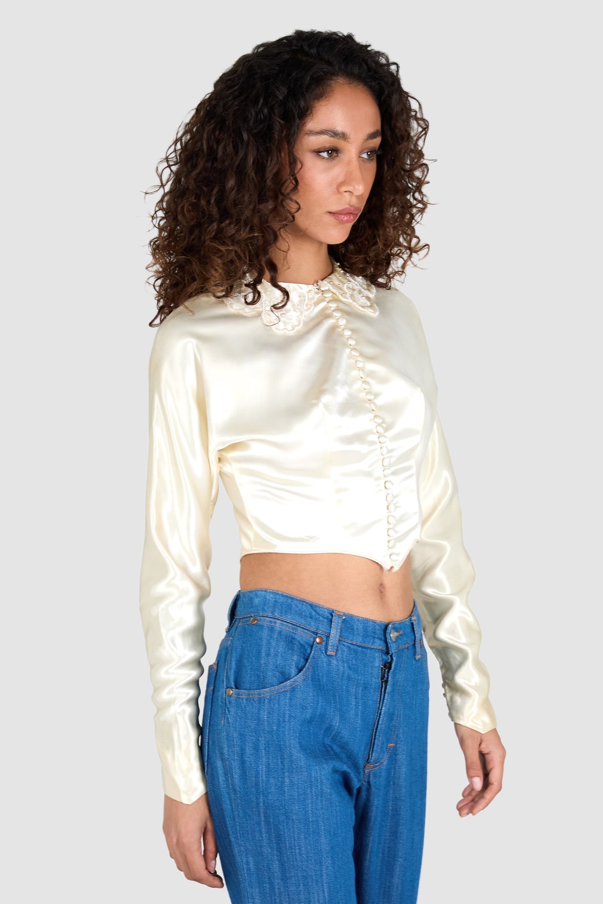 Vintage 1940's Ivory Satin Beaded Crop Blouse