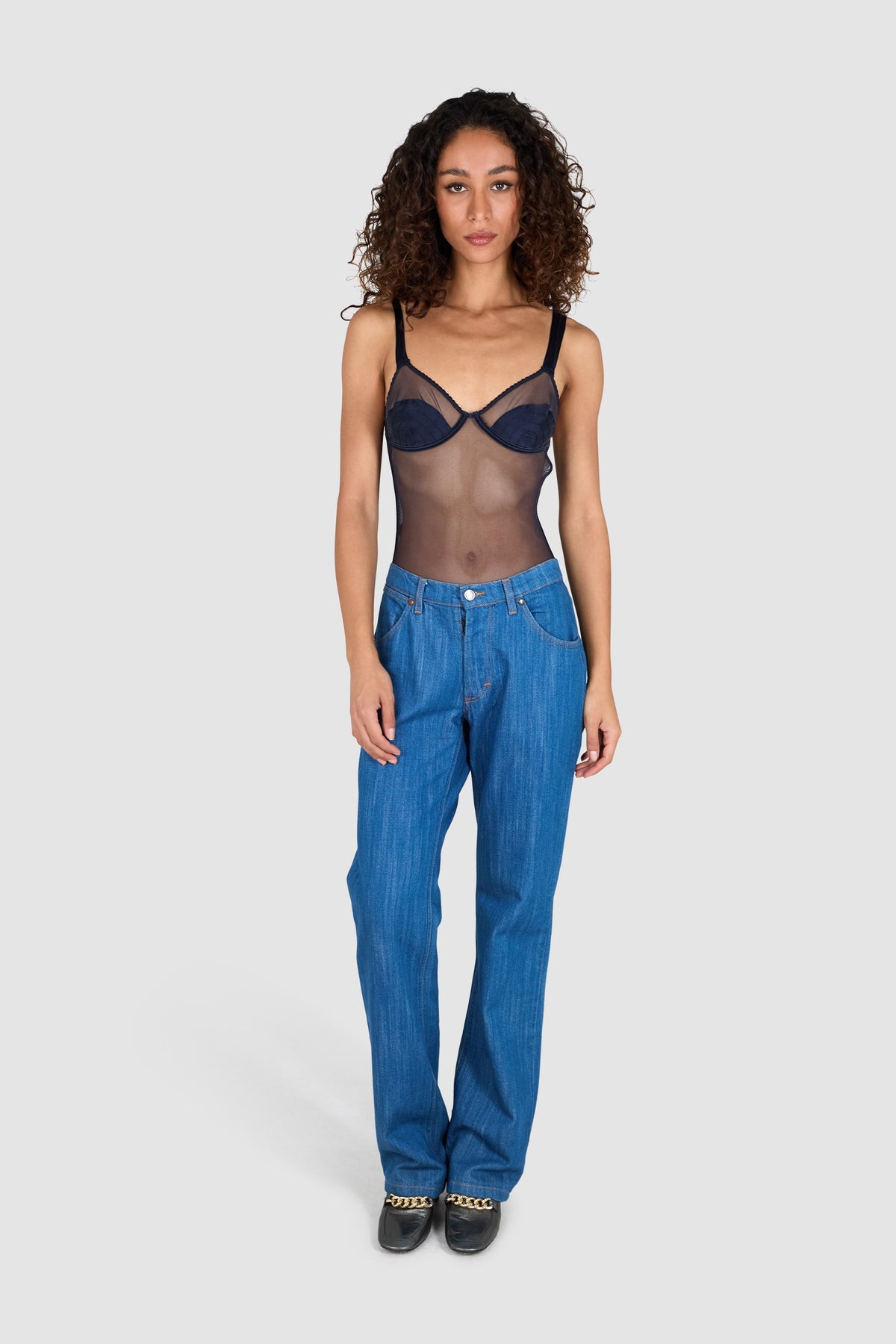 Stella McCartney Mesh and Silk Navy Bodysuit