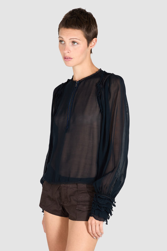 Vintage 2000's Prada Silk Sheer Ruffle Long Sleeve Blouse