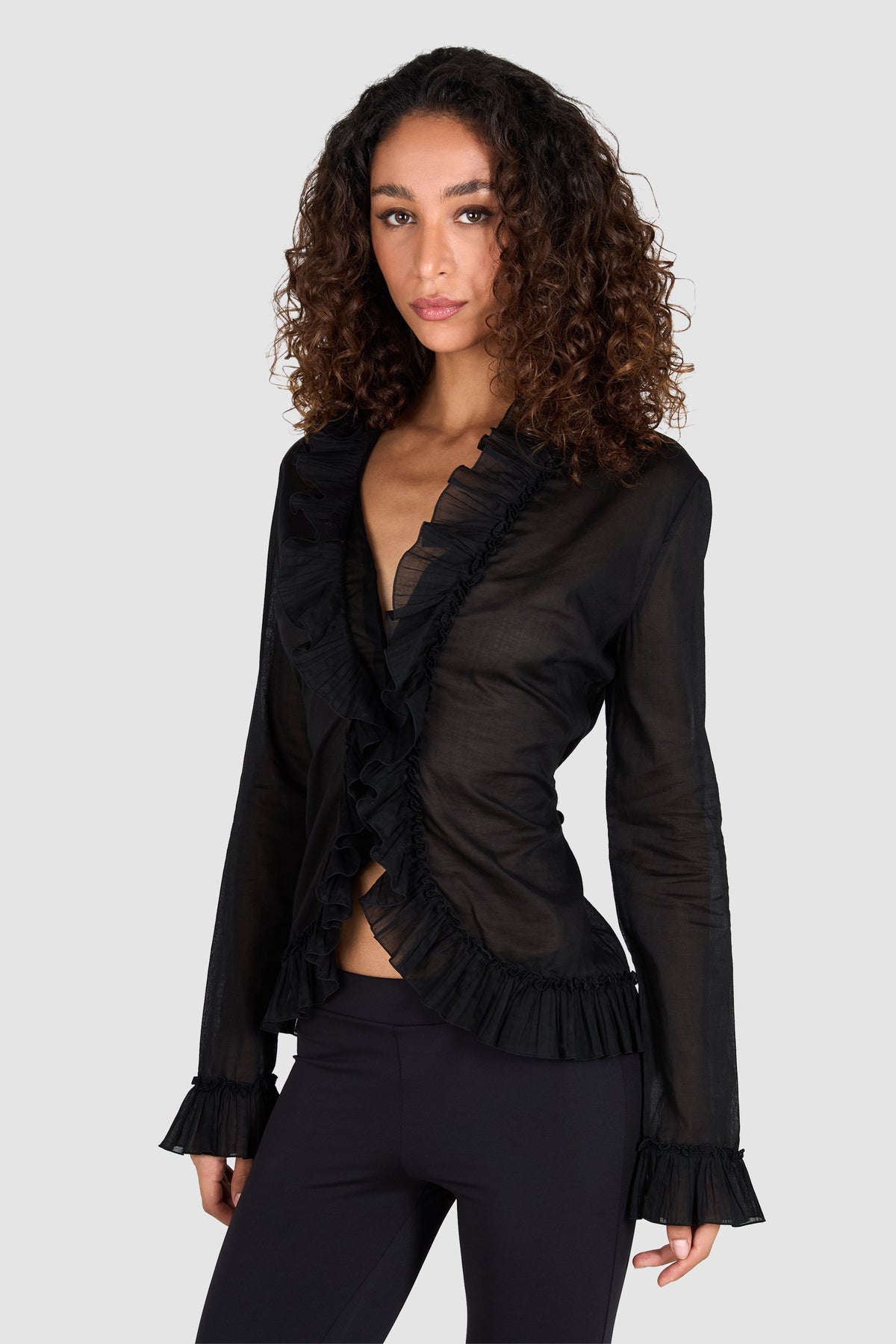 Alexander McQueen 2007 Black Ruffle Cotton Blouse