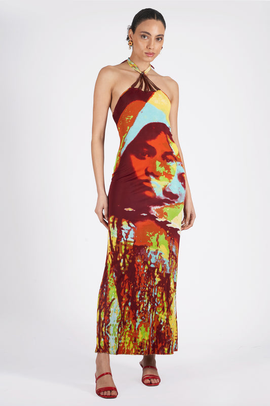 Vintage S/S 2000’s Runway Faces Halter Neck Dress